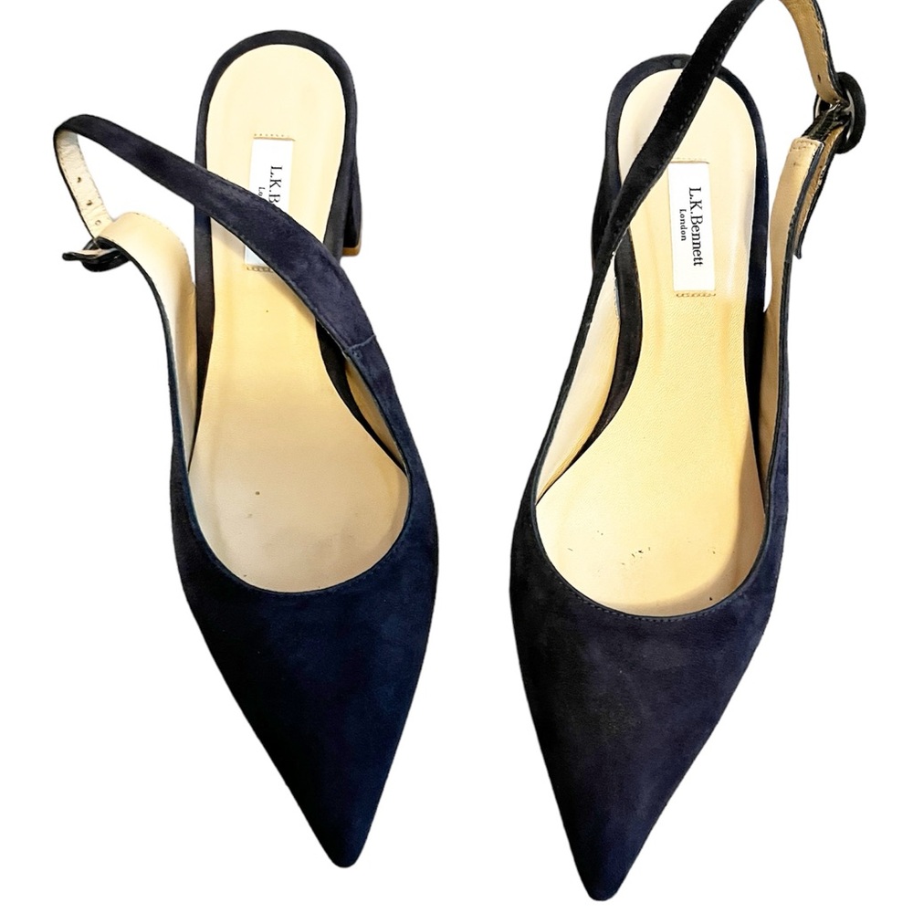 L K Bennett Navy Blue Slingback Suede Kitten Heel Shoes Size 38 Sz 8